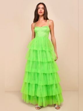 Lulus Rule the Runway Lime Green Tulle Bustier Tiered Maxi Dress XSMALL